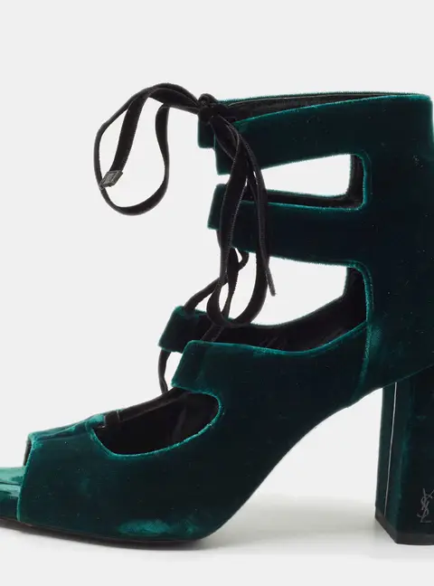 Saint Laurent Dark Green Velvet Loulou Open Toe Lace Up Block Heel Pumps Size 37.5