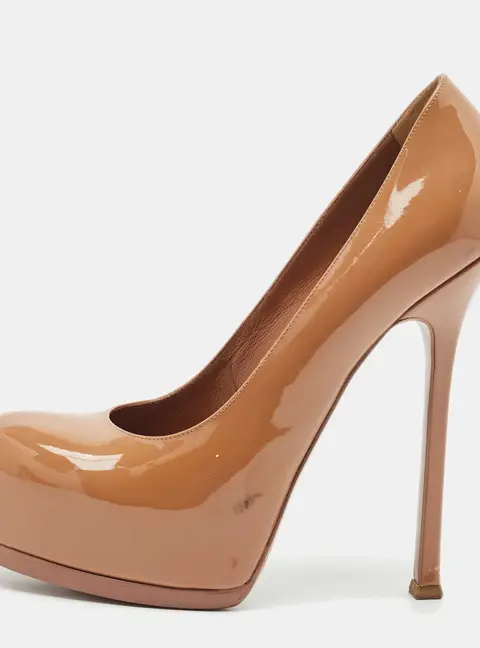 Yves Saint Laurent Beige Patent Leather Tribtoo Platform Pumps Size 39.5