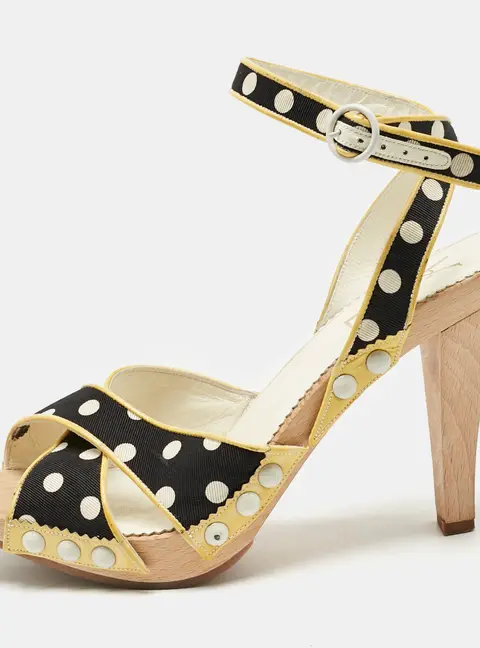 Saint Laurent Cream/Black Polka Dot Printed Fabric And  Leather Wooden Sandals Size 39