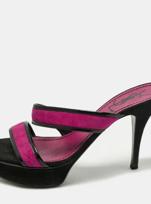 Yves Saint Laurent Purple/Black Patent Leather and Suede Slide Sandals Size 38.5