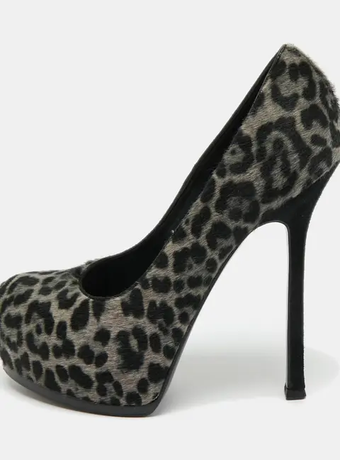 Saint Laurent Grey/Black Leopard Print Calf Hair Platform Pumps Size 36.5