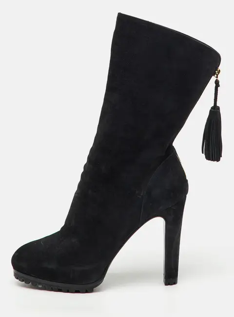 Yves Saint Laurent Black Nubuck Leather Tassel Mid Calf Platform Boots Size 37.5