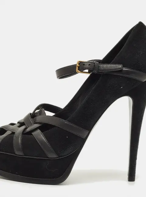 Yves Saint Laurent Size 38 Black Leather and Suede Strappy Platform Pumps