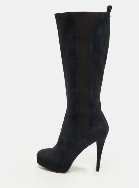 Yves Saint Laurent Size 36.5 Navy Blue Suede Platform Calf Length Boots