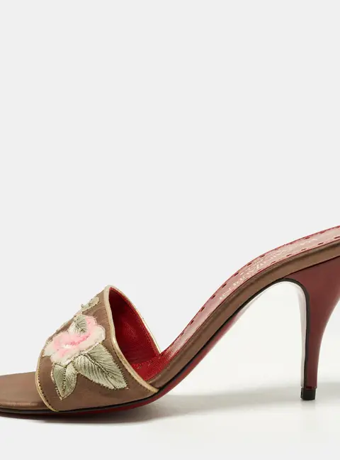 Yves Saint Laurent Size 37.5 Brown Satin Embroidered Slide Sandals