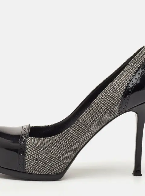 Yves Saint Laurent Tribtoo Size 37.5 Black Check Fabric and Patent Leather Platform Pumps
