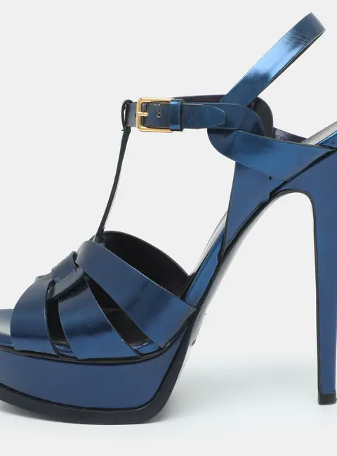 Yves Saint Laurent Tribute Size 38.5 Metallic Blue Leather Ankle Strap Sandals