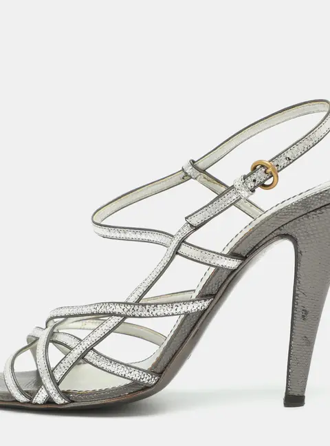 Yves Saint Laurent Size 36 Silver Karung Leather Strappy Ankle Strap Sandals