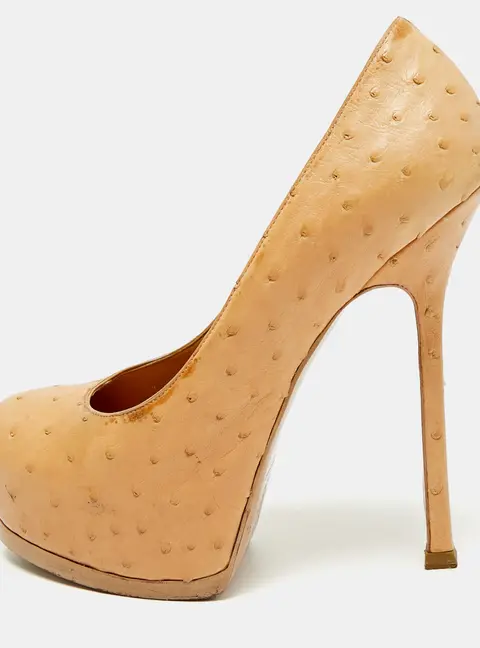 Yves Saint Laurent Tribtoo Size 37 Tan Ostrich Leather Platform Pumps