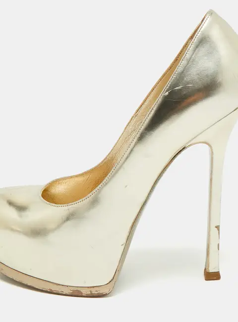 Yves Saint Laurent Tribtoo Size 37 Metallic Gold Leather Platform Pumps