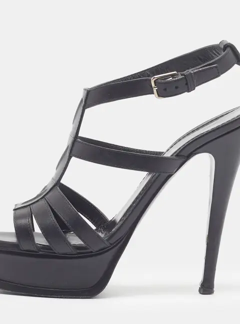 Yves Saint Laurent Tribute Size 38.5 Black Leather Platform Sandals