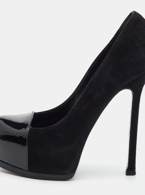 Yves Saint Laurent Size 36 Black Suede and Patent Leather Cap Toe Platform Pumps