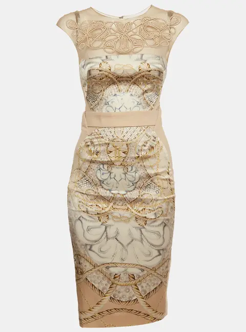 Zuhair Murad Beige Baroque Print Satin and Crepe Knee Length Dress XS