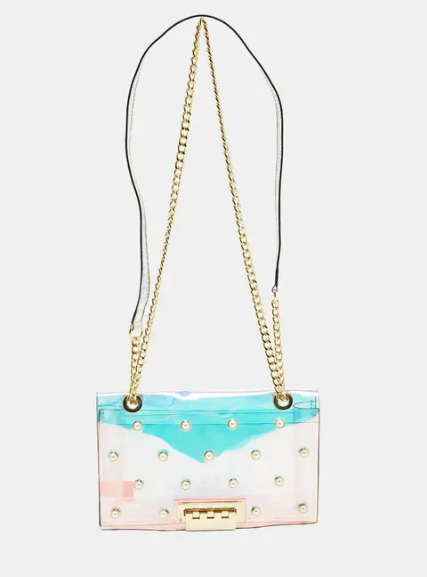 Zac Posen Earthette Pearl Embellished Iridescent PVC Shoulder Bag