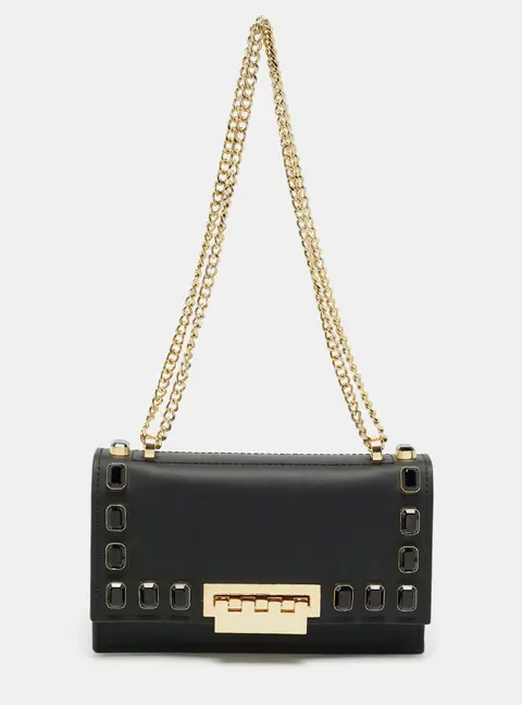 Zac Zac Posen Earthette Crystal Embellished Black Faux Leather Flap Shoulder Bag