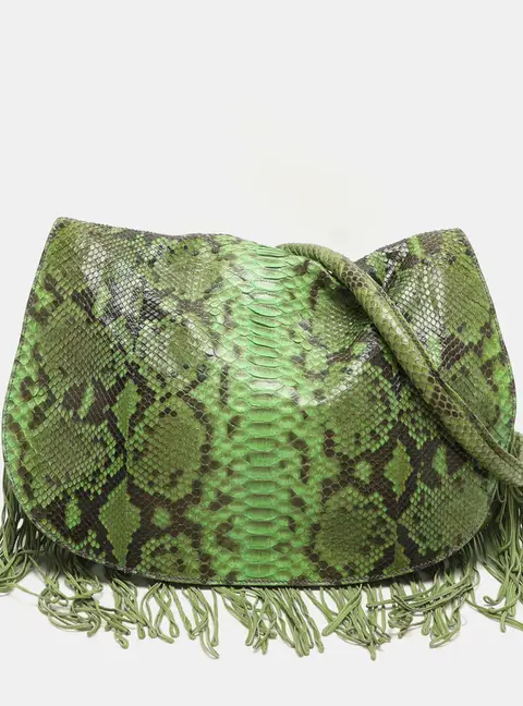 Zagliani Green Python Fringe Details Flap Shoulder Bag