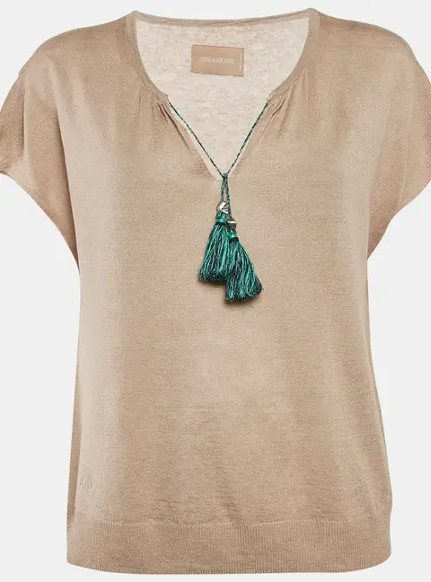 Zadig & Voltaire Beige Linen Knit Tie-Up Detail Card Top S
