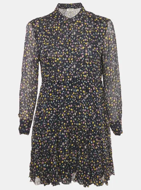 Zadig & Voltaire Navy Blue Rapidy Crinkle Printed Chiffon Mini Dress XS