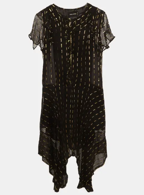 Zadig and Voltaire Black and Gold Crepe Rool Shiny Ruffled Dress S