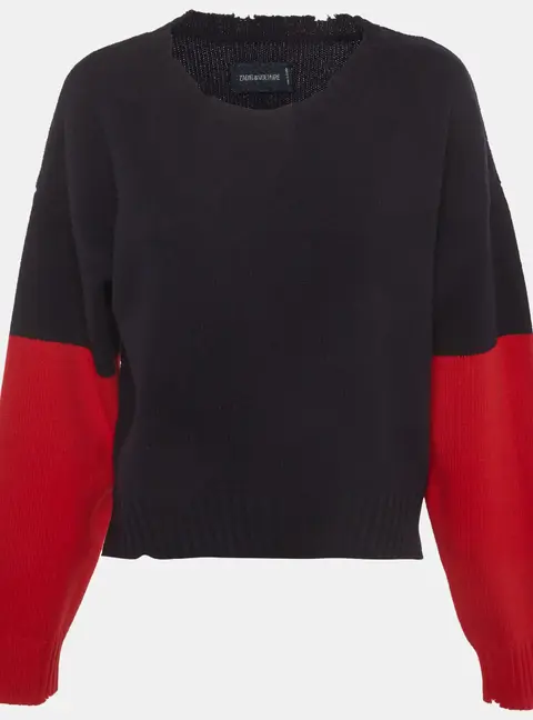 Zadig & Voltaire Navy Blue/Red Colour block Wool Distressed Sweater S