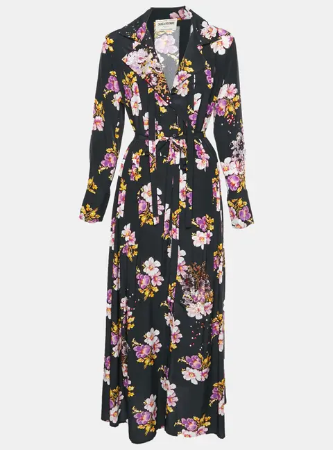 Zadig & Voltaire Defile Black Floral Print Crepe Reward Peonies Dress M