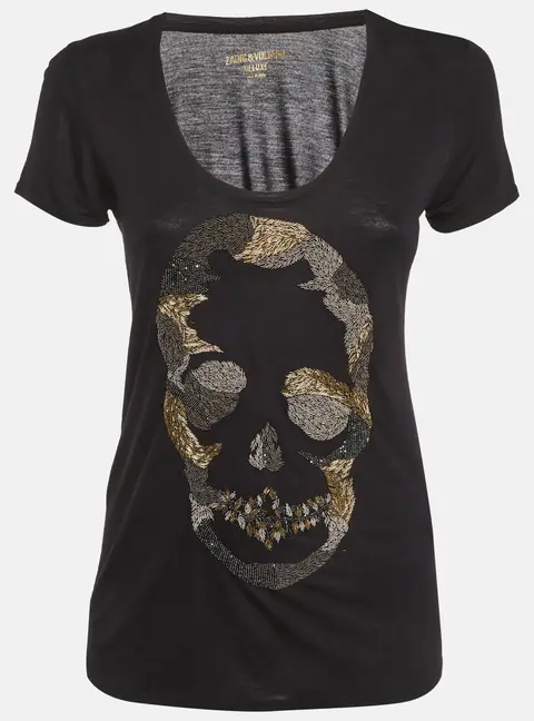 Zadig & Voltaire Deluxe Black Skull Bead Embellished Jersey T-Shirt S