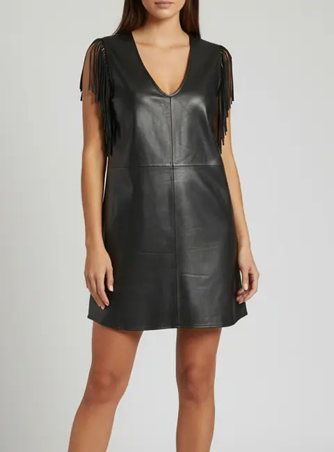 Zadig & Voltaire Black Leather Fringed Sleeveless Mini Dress S