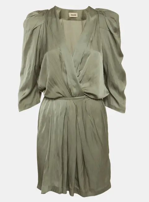 Zadig & Voltaire Green Riz Satin Plunge Neck Mini Dress S