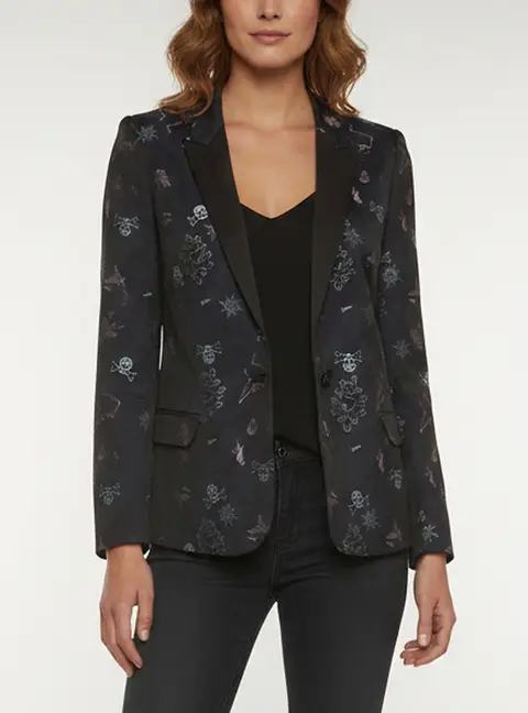 Zadig & Voltaire Navy Blue Jacquard Single Breasted Victor Jac Tattoo Blazer S