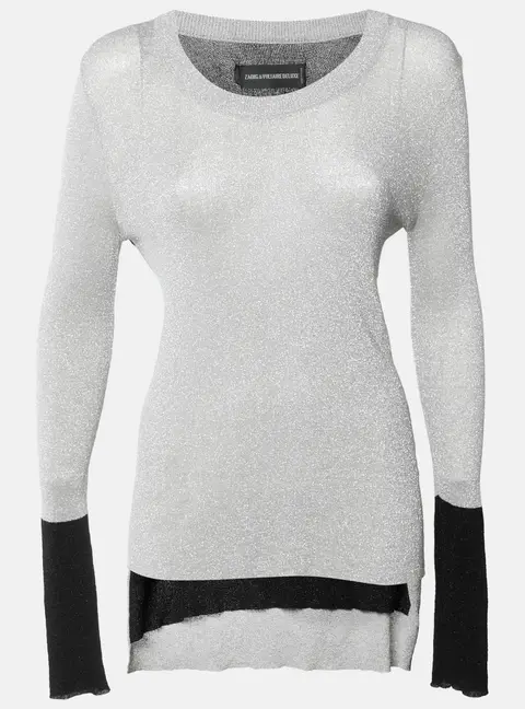 Zadig & Voltaire Silver/Black Lurex Knit Lame Long Sleeve Lucky Top L