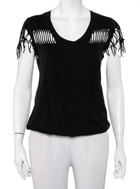 Zadig & Voltaire Black Cotton Scoop Neck Wanda Fringes T-Shirt XS