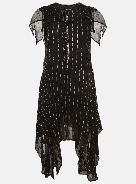 Zadig & Voltaire Black/Gold Crepe Rool Shiny Ruffled Dress M