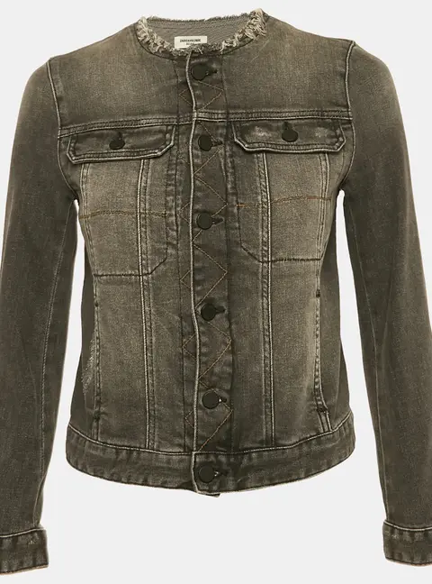 Zadig & Voltaire Grey Distressed Denim Embroidered Kiok Gris Brode Jacket XS