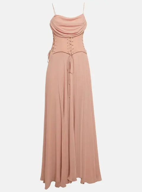 Zeena zaki Peach Crepe Under bust Corset Detail Maxi Dress M