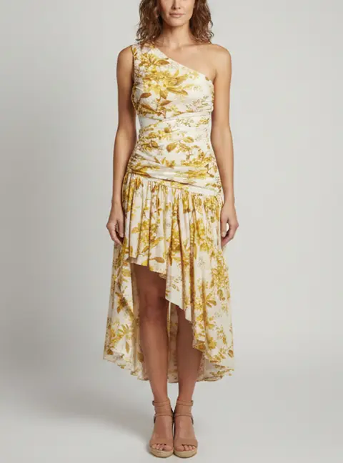 Zimmermann Yellow Floral Print Cotton One-Shoulder Asymmetric Dress XS