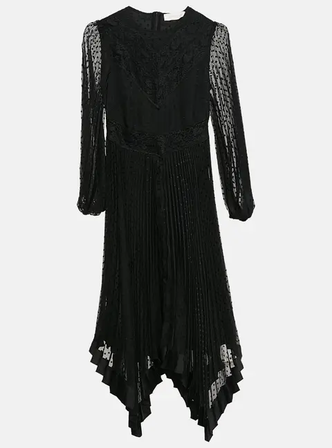 Zimmermann Black Swiss Dots  Lace and Chiffon Plisse Espionage Midi Dress S