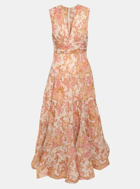 Zimmerman Pink Multicolor Floral Print Postcard Pleated Organza Midi Dress XS
