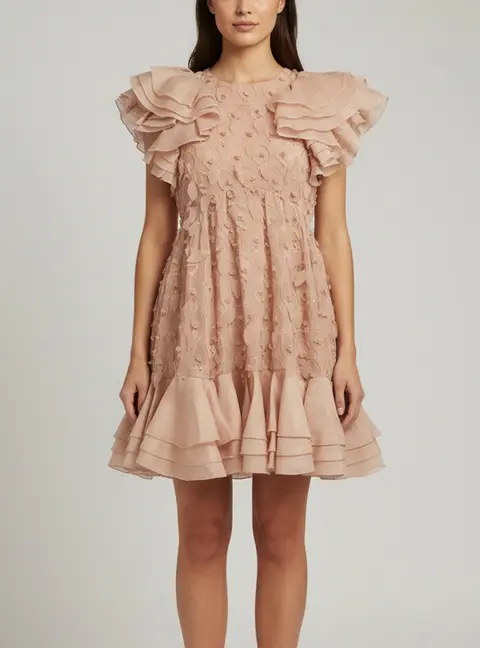 Zimmermann Pink Crepe and Linen Blend Dancer Frilled Mini Dress M