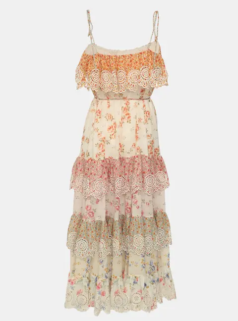 Zimmermann Multicolor Floral Print Cotton Lucky Tiered Spliced Maxi Dress M