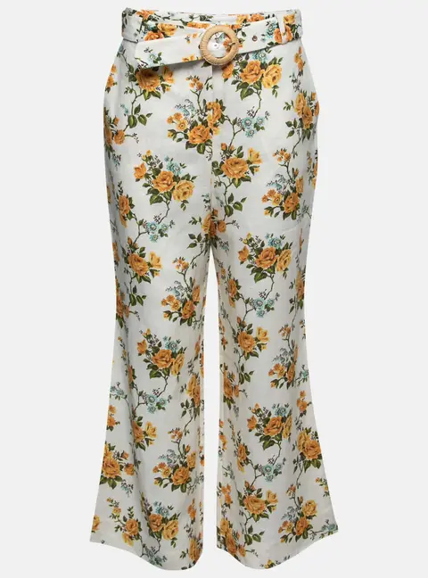 Zimmermann White Floral Printed Linen Belted Straight Pants M