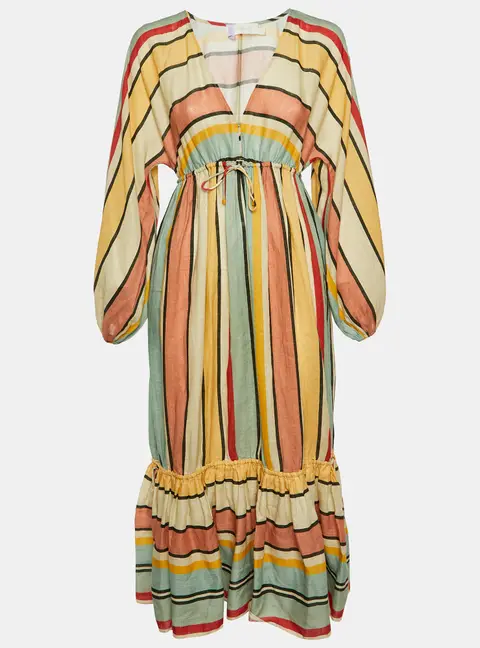 Zimmermann Multicolor Striped Linen Tiered Cassia Maxi Dress S