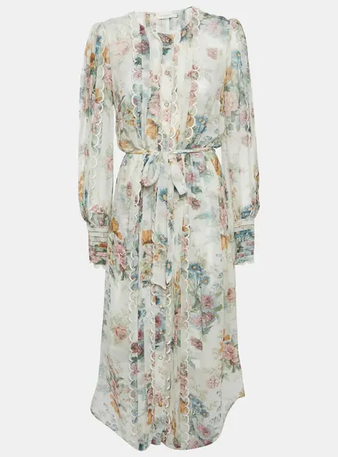 Zimmermann White Floral Print Crepe Scallop Detail Long Dress S