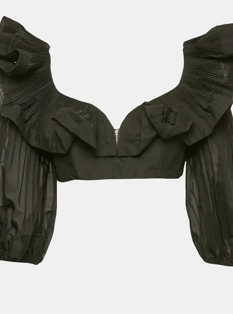 Zimmermann Black Crepe Ruffled Crop Top M