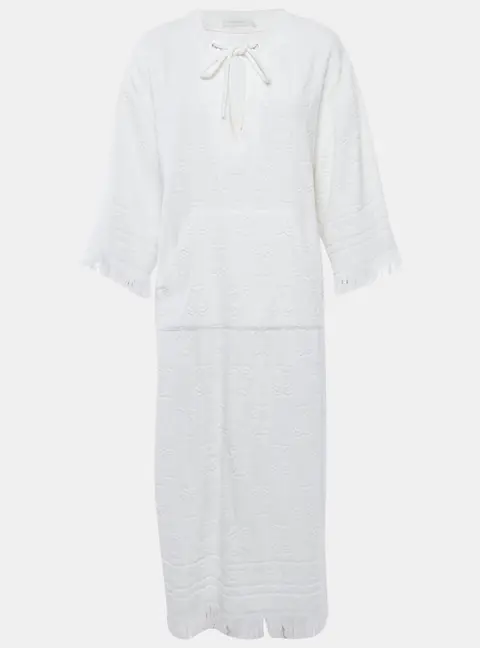 Zimmermann White Palm Tree Terry Cotton Fringed Kaftan Dress M