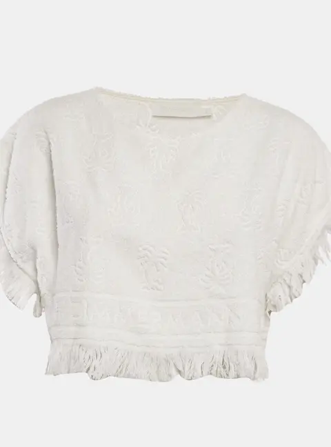Zimmermann White Palm Tree Terry Cotton Fringed Crop Top M