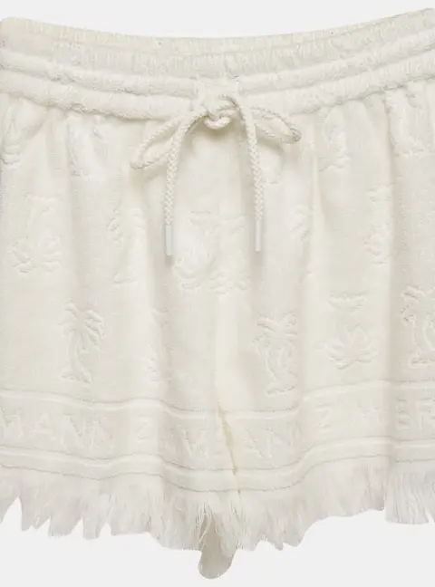 Zimmermann White White Palm Tree Terry Cotton Fringed Shorts M