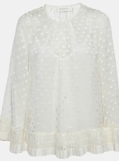Zimmermann Off-White Dotted Crepe Fil Coupe Pleat Detail Top M