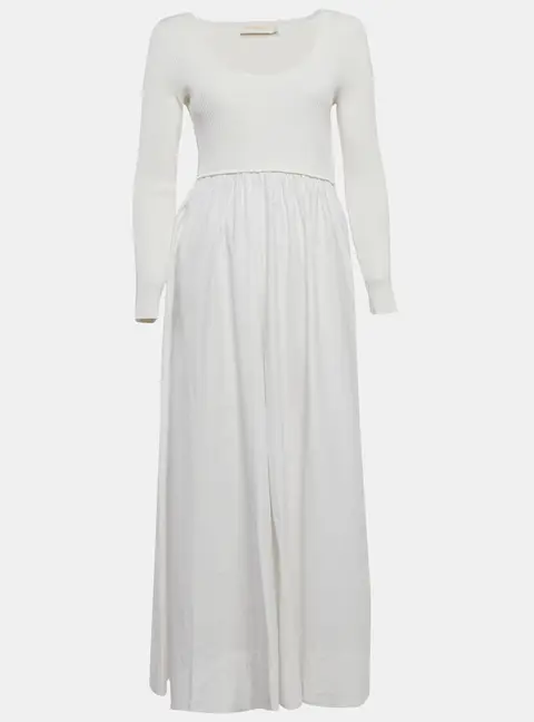 Zimmermann White Rib Knit and Poplin Scoop Neck Long Dress M
