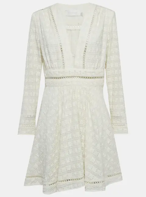Zimmermann Cream Zephyr Broderie Cotton Plunge Neckline Mini Dress L