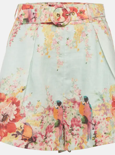 Zimmermann Blue Floral Print Linen Belted Shorts L